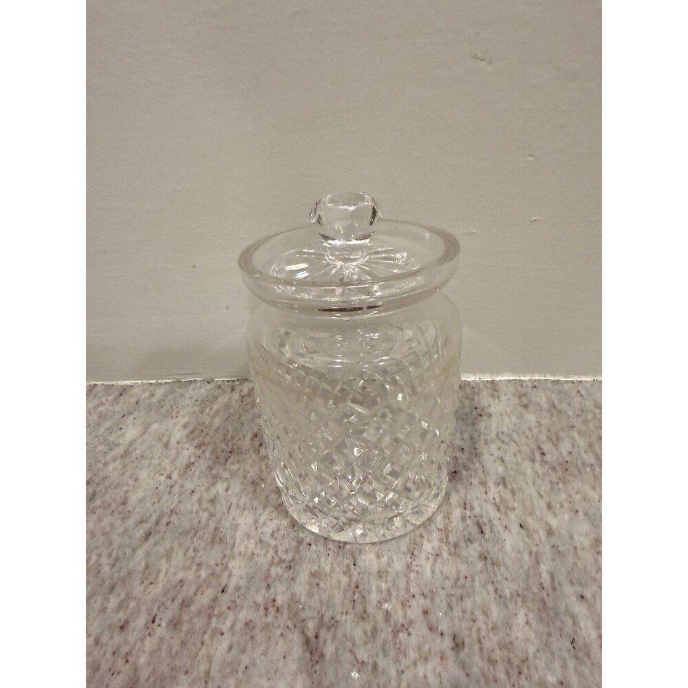 Vintage Cut Crystal Lidded Biscuit Jar Diamond Point Candy Dish Spoon Slot Lid